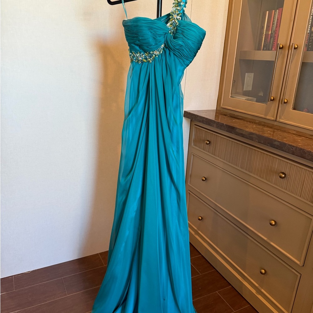La Femme One Shoulder Teal Dress